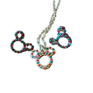 Disney Mickey Mouse Shaped Matching Set Earrings and Necklace Green red gemstone